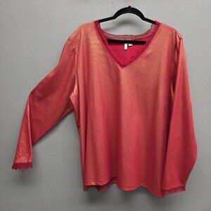 Cato Shirt Womens 22/24 Red Metallic Lace Trim Long Sleeve Stretch Plus Top